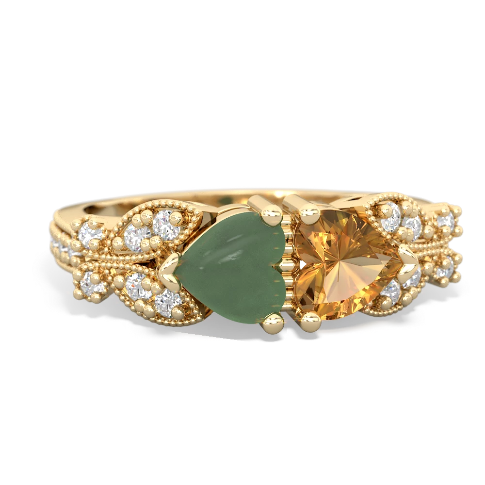 Jade Diamond Butterflies 14K Yellow Gold ring R5601