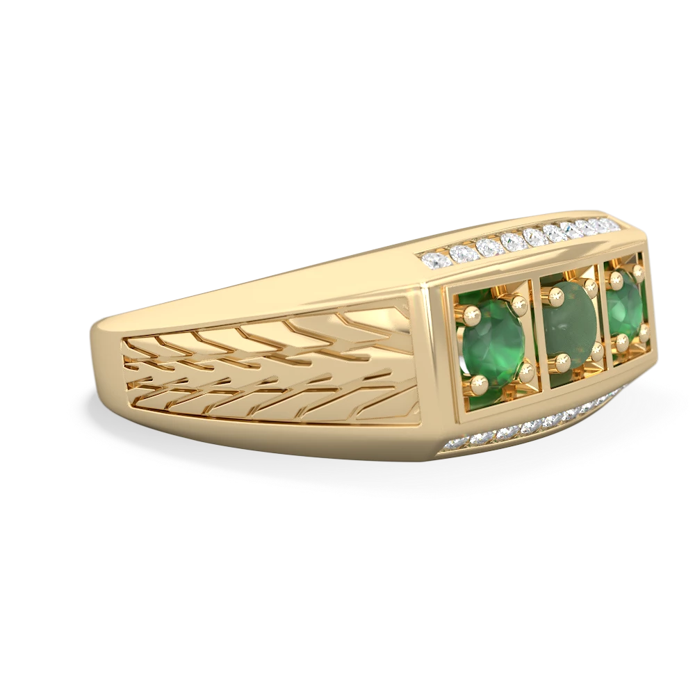 Jade Three Stone Tire Tread Men's 14K Yellow Gold ring R0520