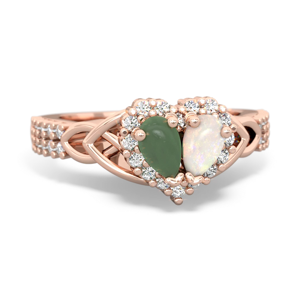 Jade Celtic Knot Two Hearts As One 14K Rose Gold ring R2644HRT