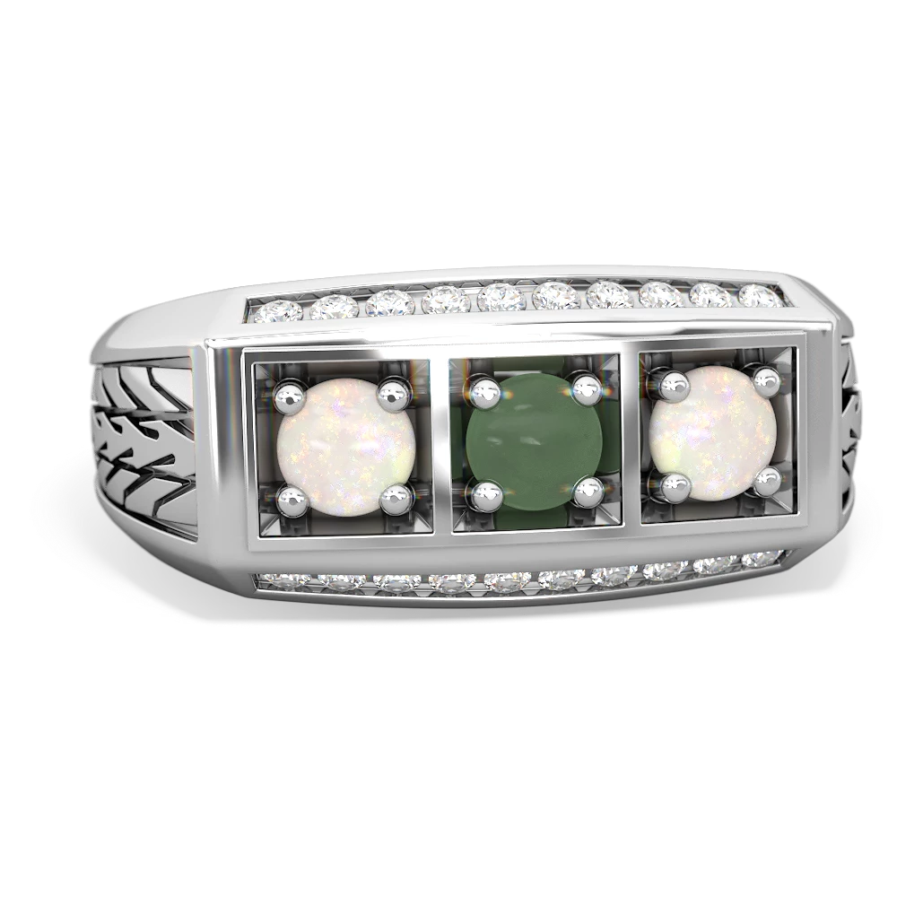 Jade Three Stone Tire Tread Men's 14K White Gold ring R0520