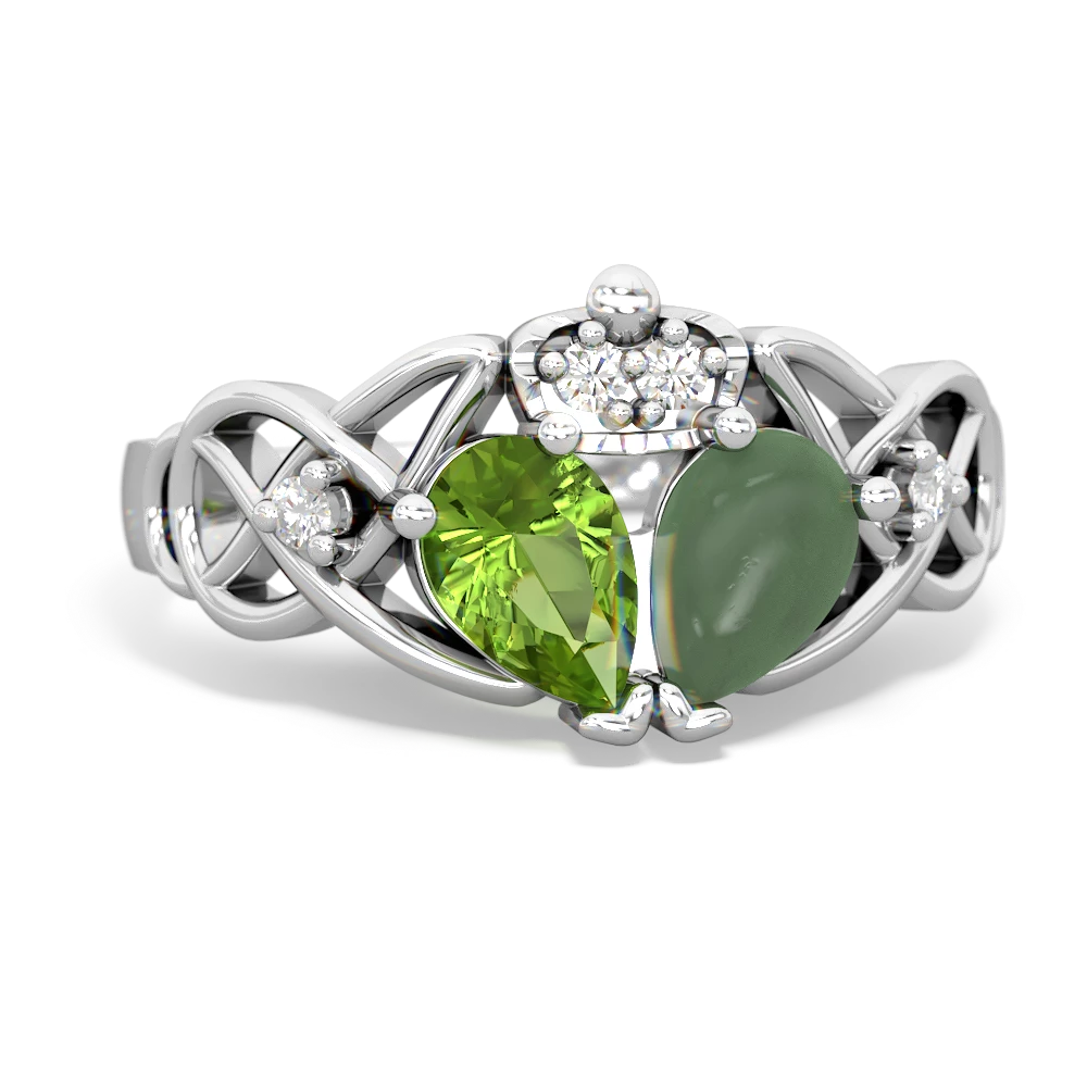 Jade 'One Heart' Celtic Knot Claddagh 14K White Gold ring R5322