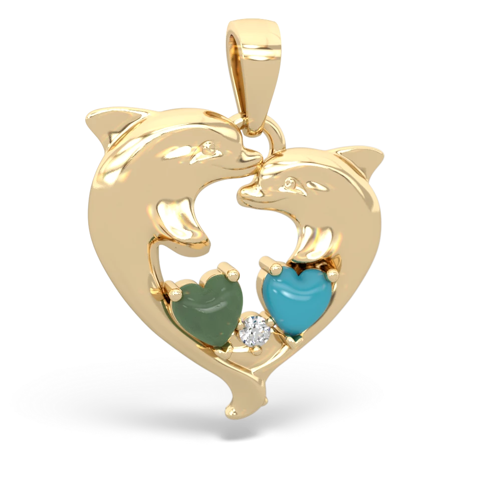 Jade Dolphin Heart 14K Yellow Gold pendant P5820