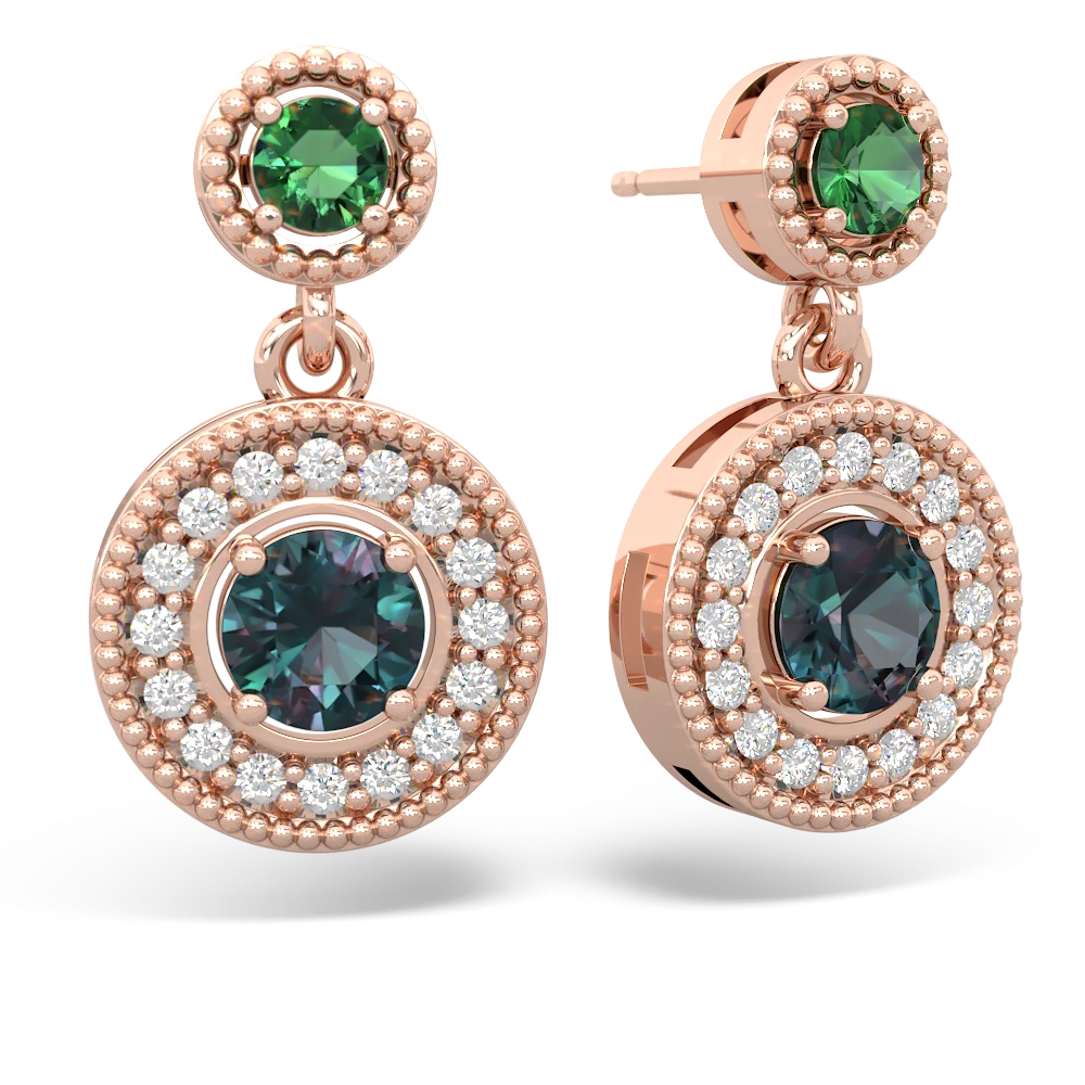 Lab Emerald Halo Dangle 14K Rose Gold earrings E5319