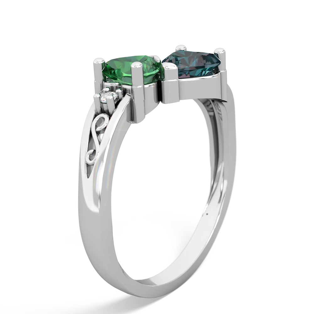 Lab Emerald Snuggling Hearts 14K White Gold ring R2178