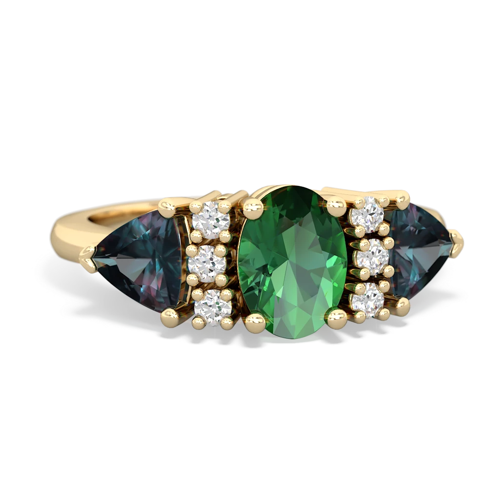 Lab Emerald Antique Style Three Stone 14K Yellow Gold ring R2186