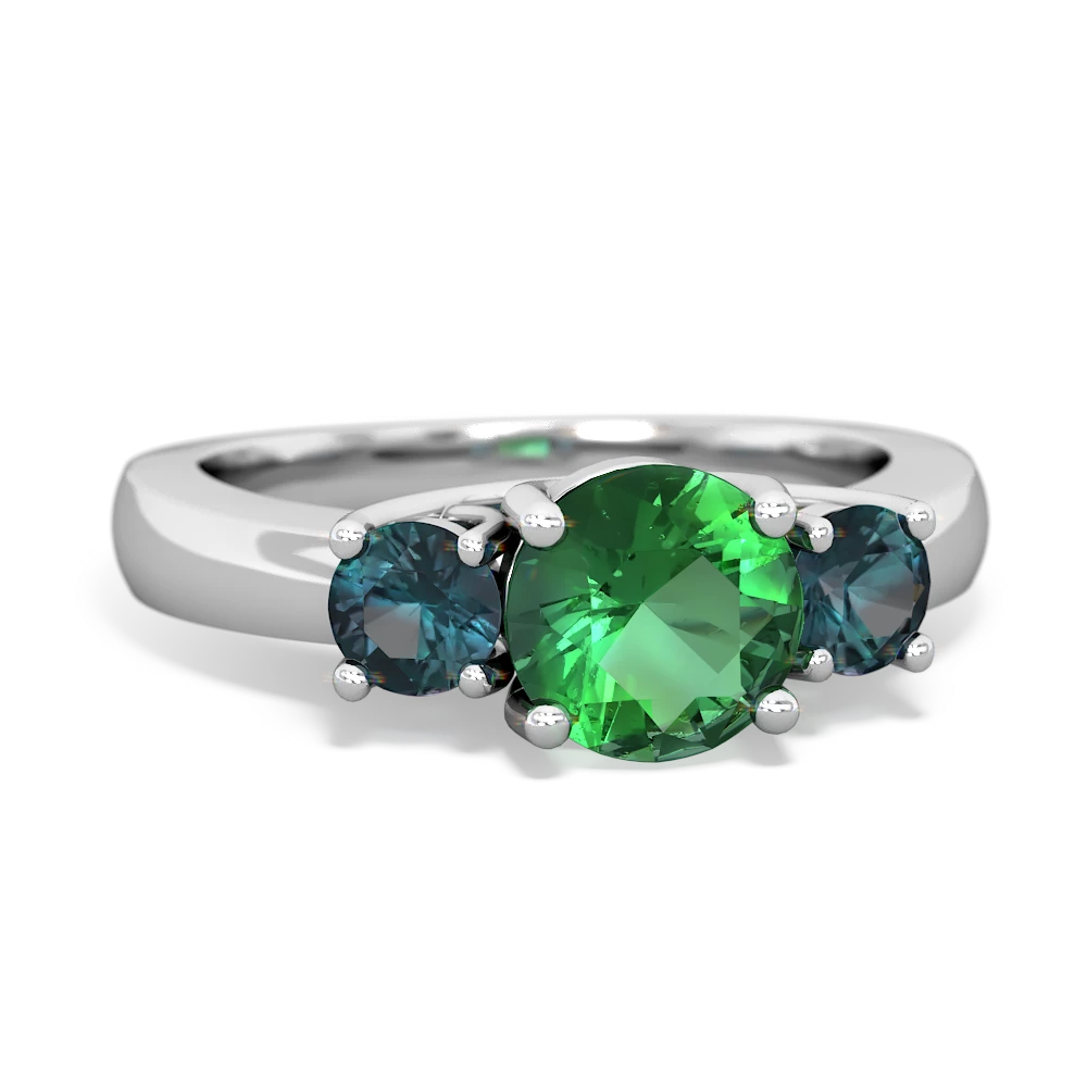 Lab Emerald Three Stone Round Trellis 14K White Gold ring R4018