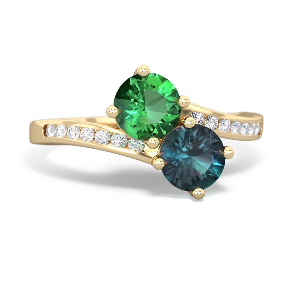 Lab Emerald Channel Set Two Stone 14K Yellow Gold ring R5303