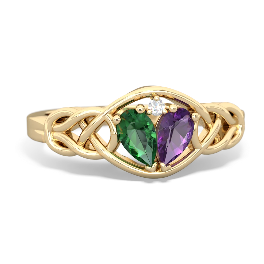 Lab Emerald Amethyst Celtic Love Knot ring - 14K Yellow Gold