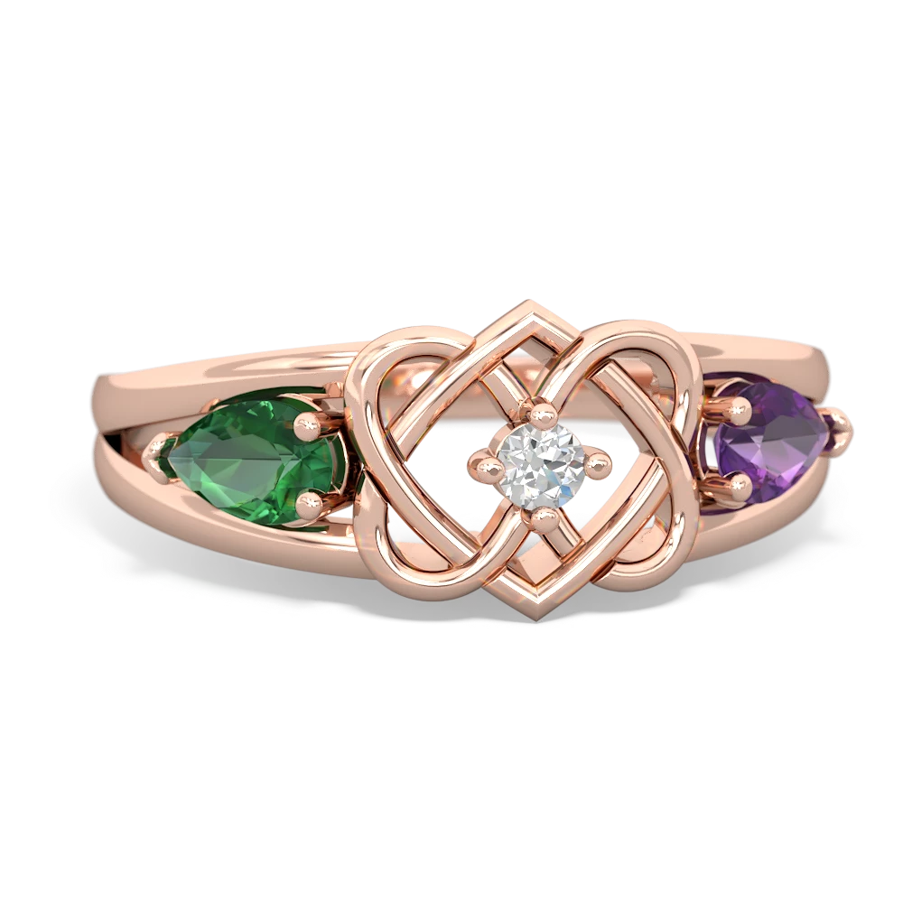 Lab Emerald Hearts Intertwined 14K Rose Gold ring R5880