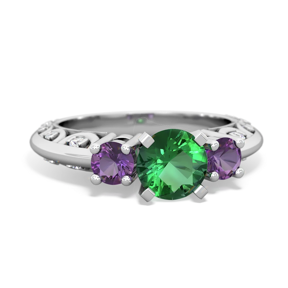 Lab Emerald Art Deco Eternal Embrace Engagement 14K White Gold ring C2003