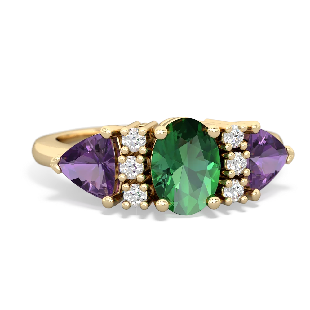 Lab Emerald Antique Style Three Stone 14K Yellow Gold ring R2186