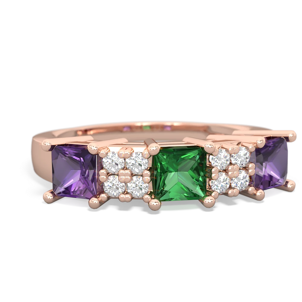 Lab Emerald Three Stone Diamond Cluster 14K Rose Gold ring R2592