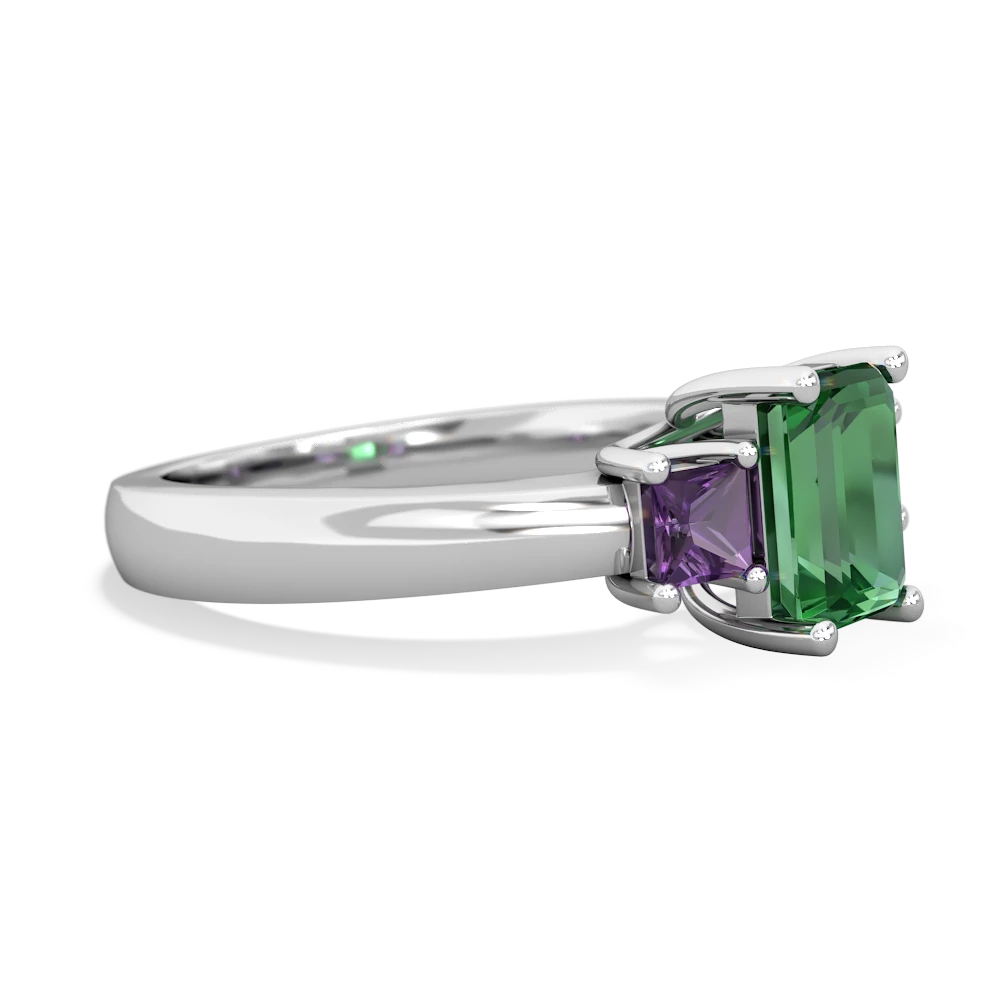 Lab Emerald Three Stone Emerald-Cut Trellis 14K White Gold ring R4021