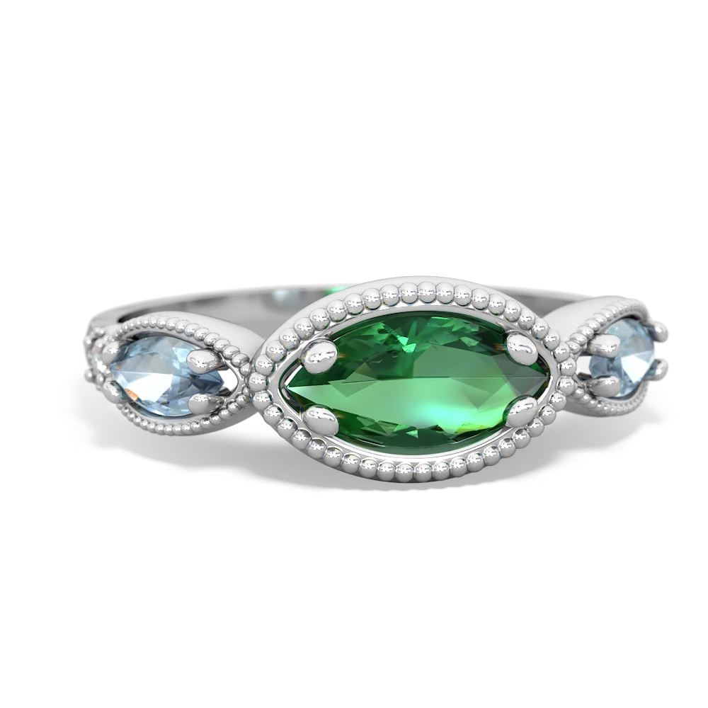 Lab Emerald Milgrain Marquise 14K White Gold ring R5700