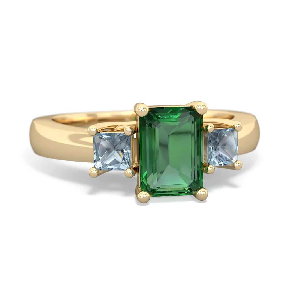 Lab Emerald Three Stone Emerald-Cut Trellis 14K Yellow Gold ring R4021