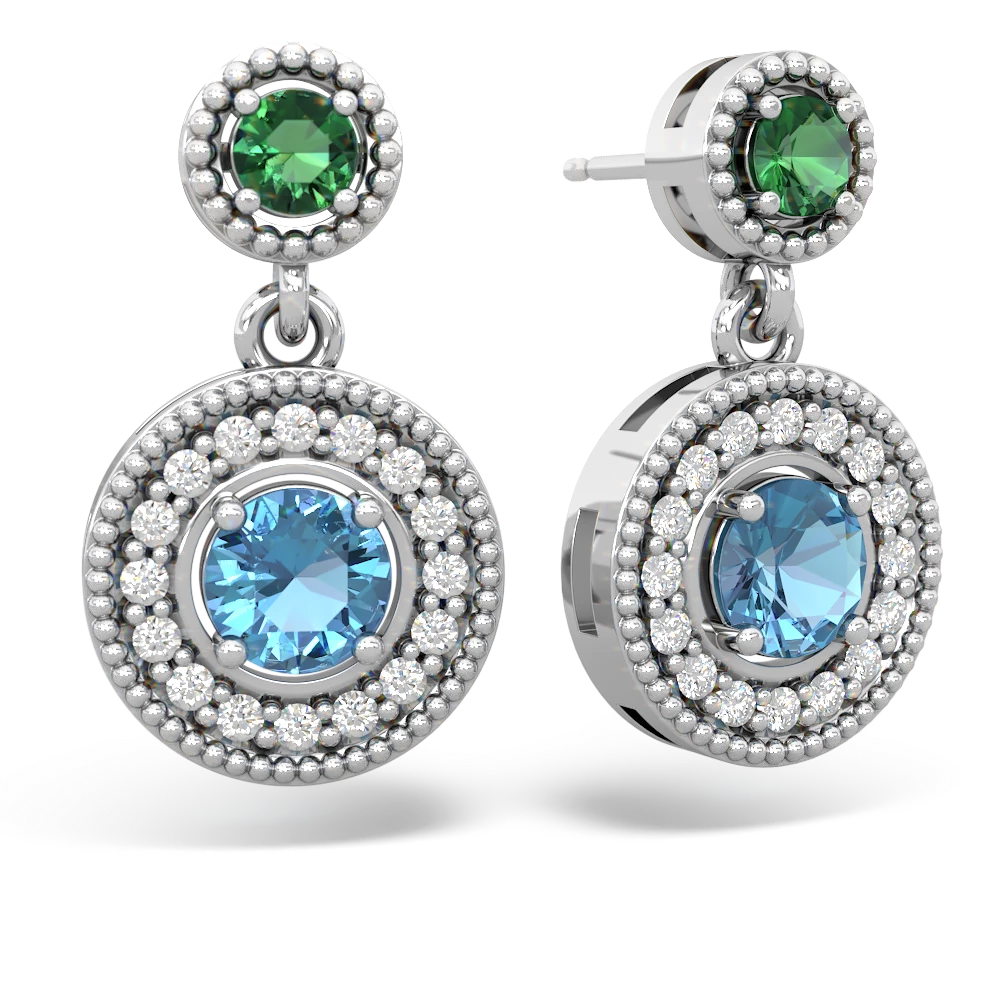 Lab Emerald Halo Dangle 14K White Gold earrings E5319