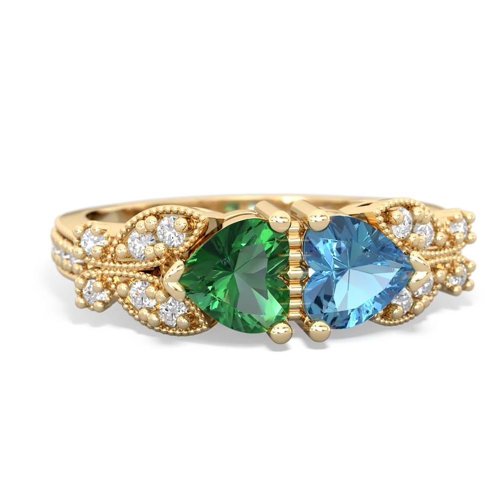 Lab Emerald Diamond Butterflies 14K Yellow Gold ring R5601