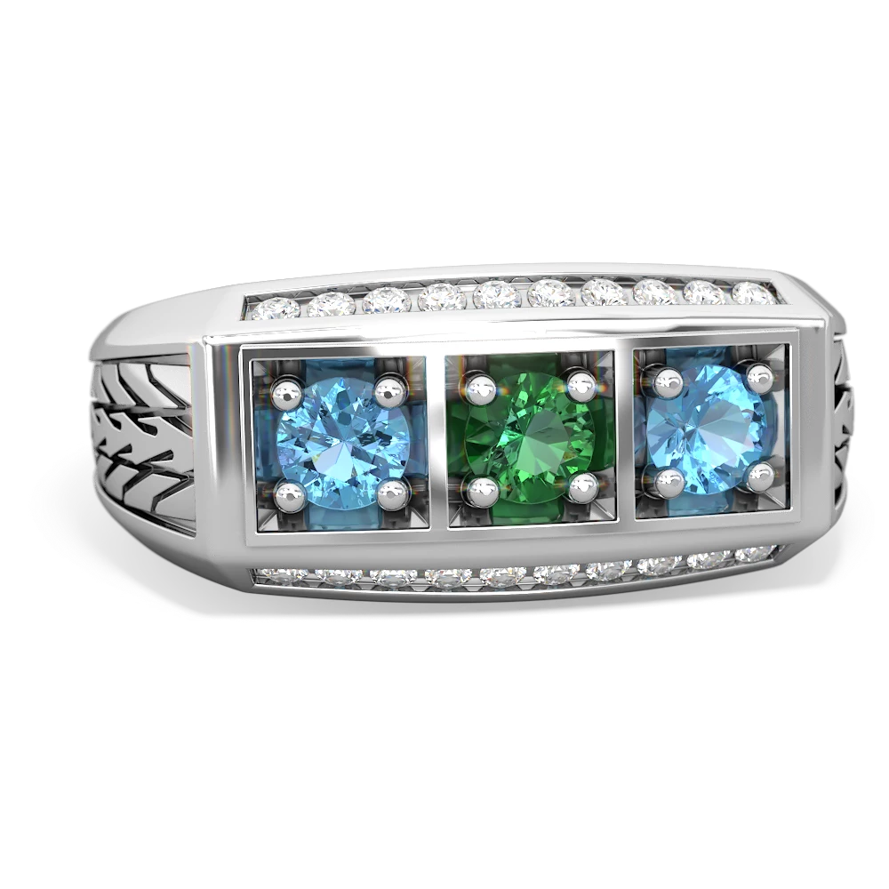 Lab Emerald Three Stone Tire Tread Men's 14K White Gold ring R0520