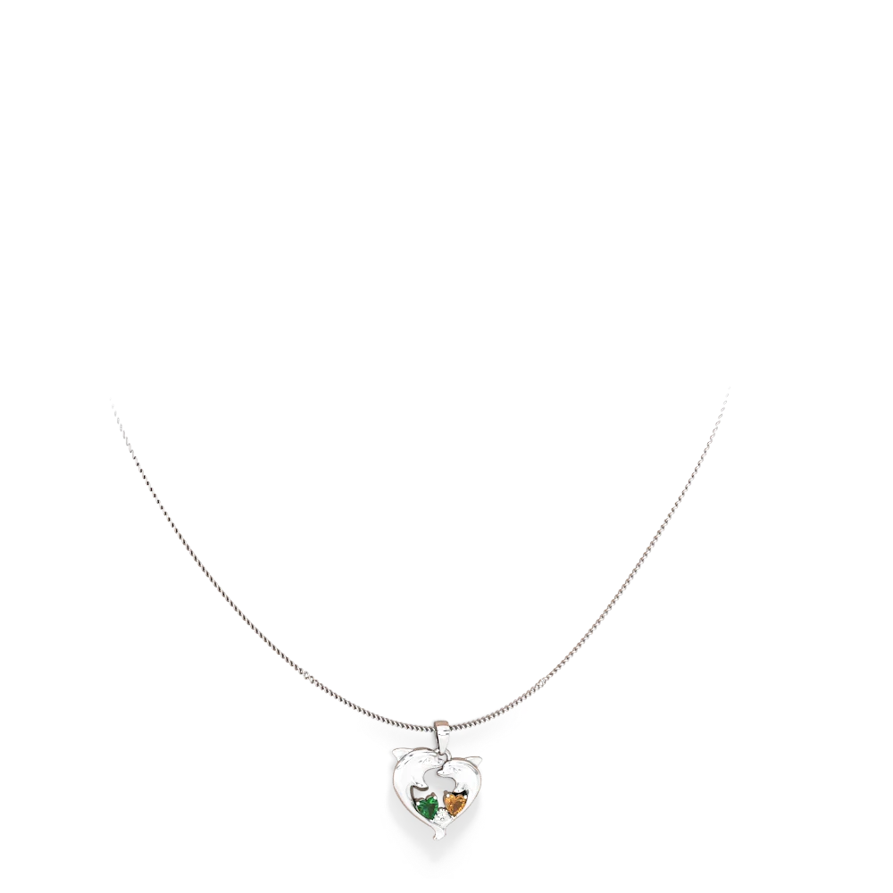 Lab Emerald Dolphin Heart 14K White Gold pendant P5820