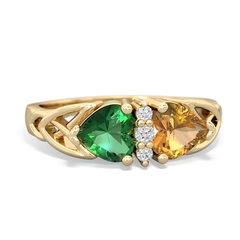 Lab Emerald Celtic Knot Double Heart 14K Yellow Gold ring R5040