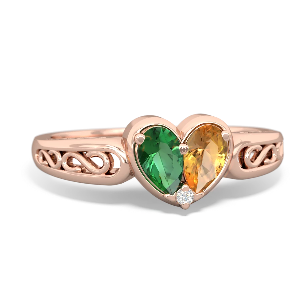 Lab Emerald Filligree 'One Heart' 14K Rose Gold ring R5070