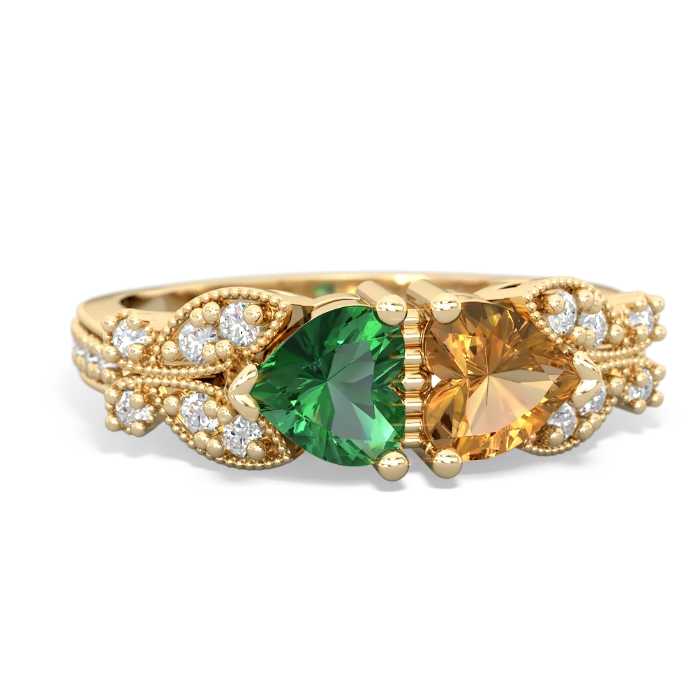 Lab Emerald Diamond Butterflies 14K Yellow Gold ring R5601