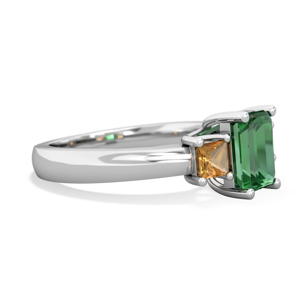 Lab Emerald Three Stone Emerald-Cut Trellis 14K White Gold ring R4021