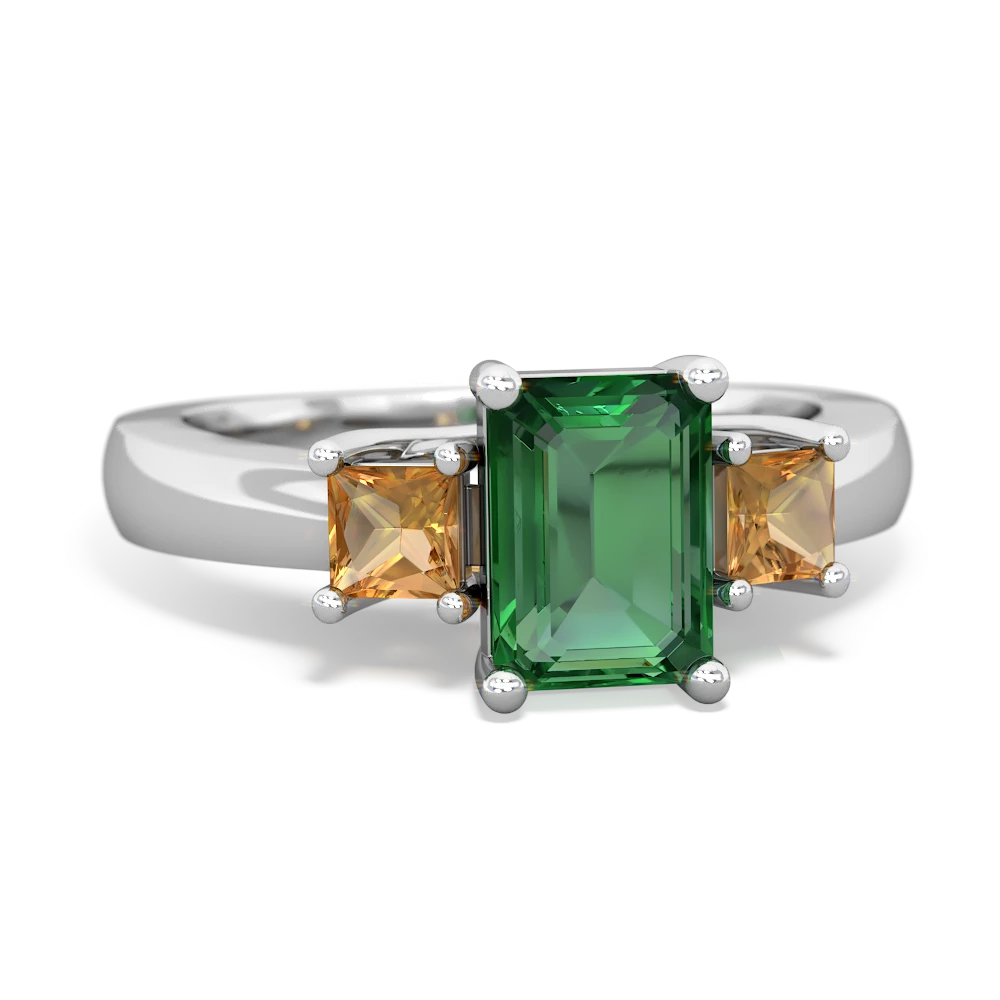 Lab Emerald Three Stone Emerald-Cut Trellis 14K White Gold ring R4021