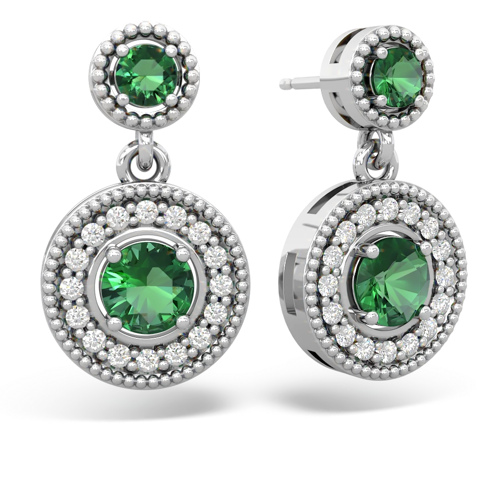 Lab Emerald Halo Dangle 14K White Gold earrings E5319