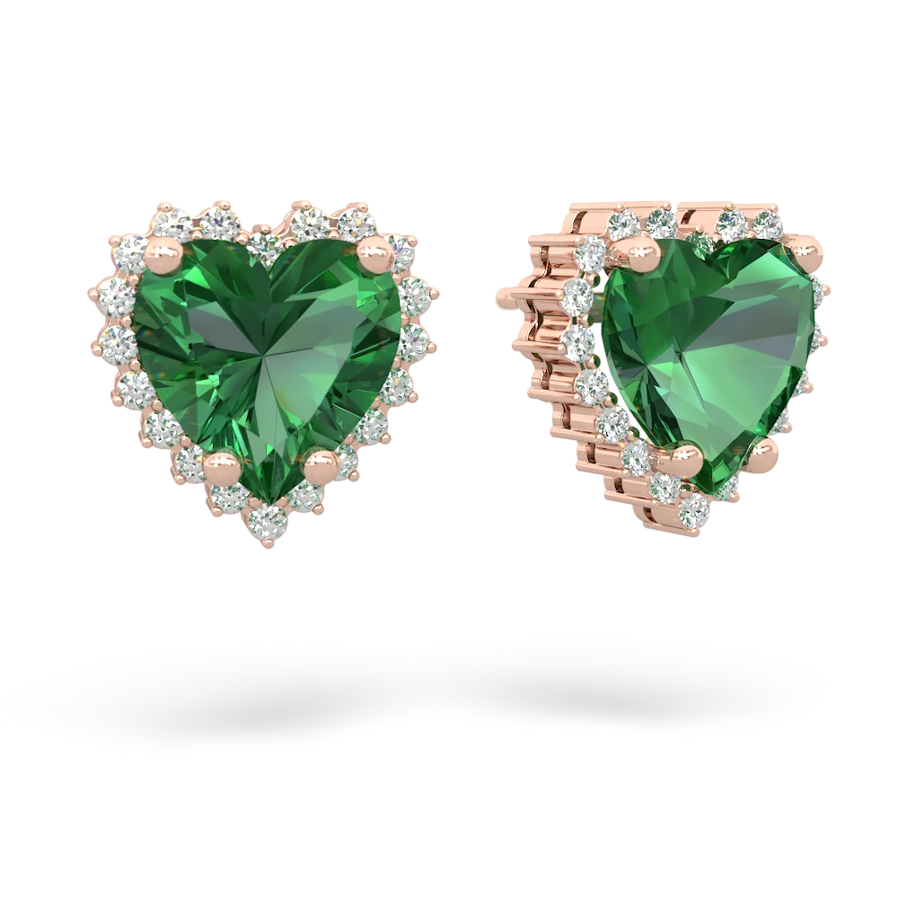 Lab Emerald Sparkling Halo Heart 14K Rose Gold earrings E0391