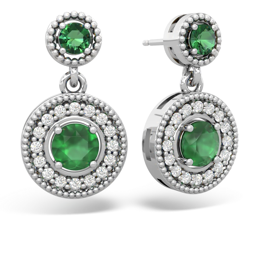 Lab Emerald Halo Dangle 14K White Gold earrings E5319