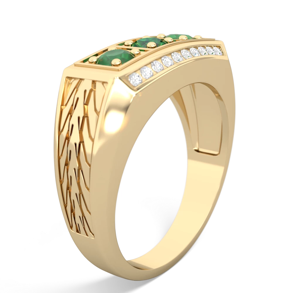 Lab Emerald Three Stone Tire Tread Men's 14K Yellow Gold ring R0520