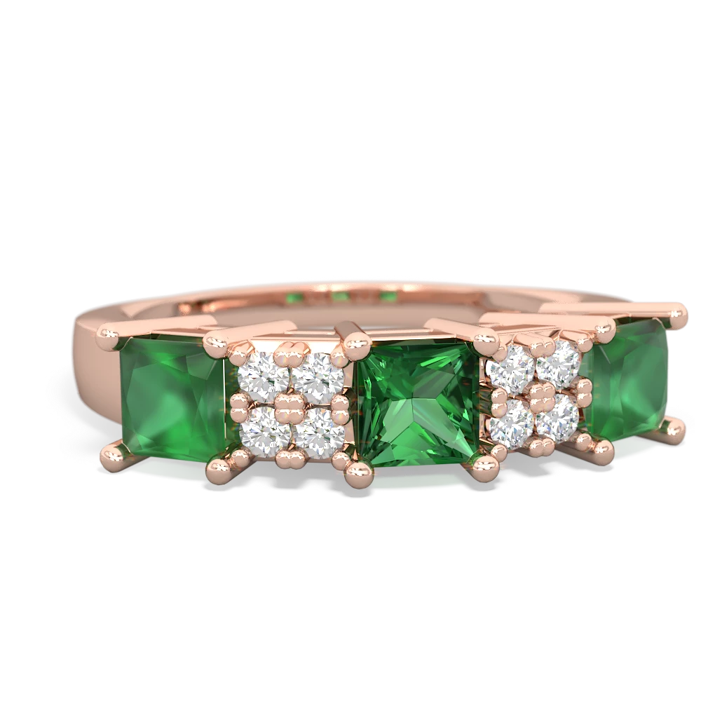 Lab Emerald Three Stone Diamond Cluster 14K Rose Gold ring R2592