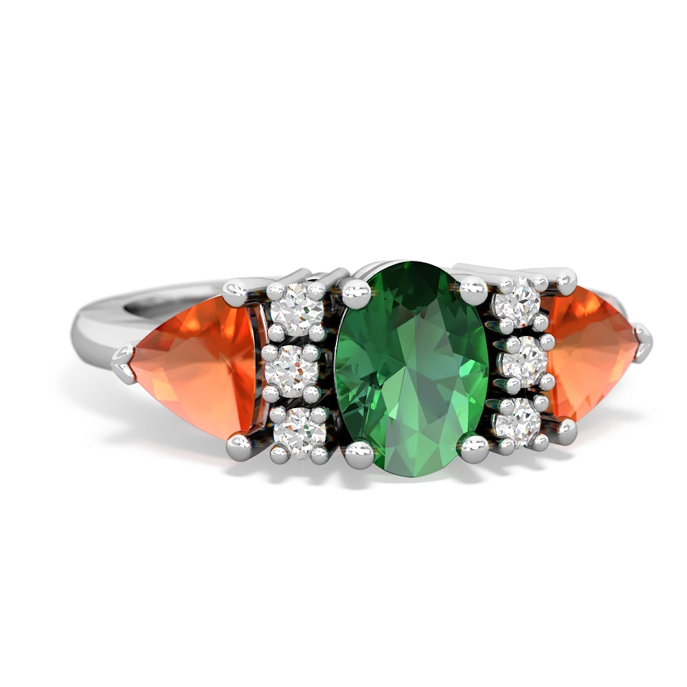 Lab Emerald Antique Style Three Stone 14K White Gold ring R2186