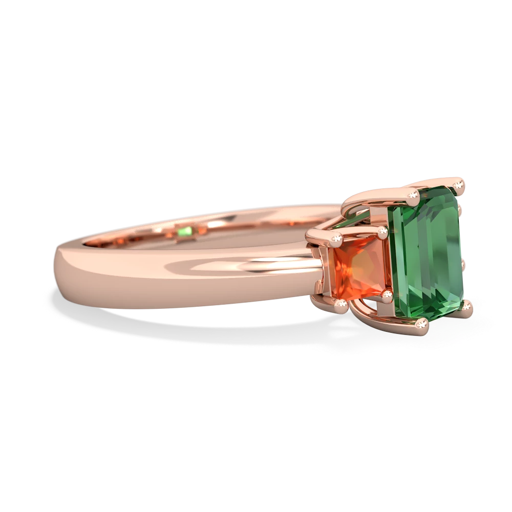 Lab Emerald Three Stone Emerald-Cut Trellis 14K Rose Gold ring R4021