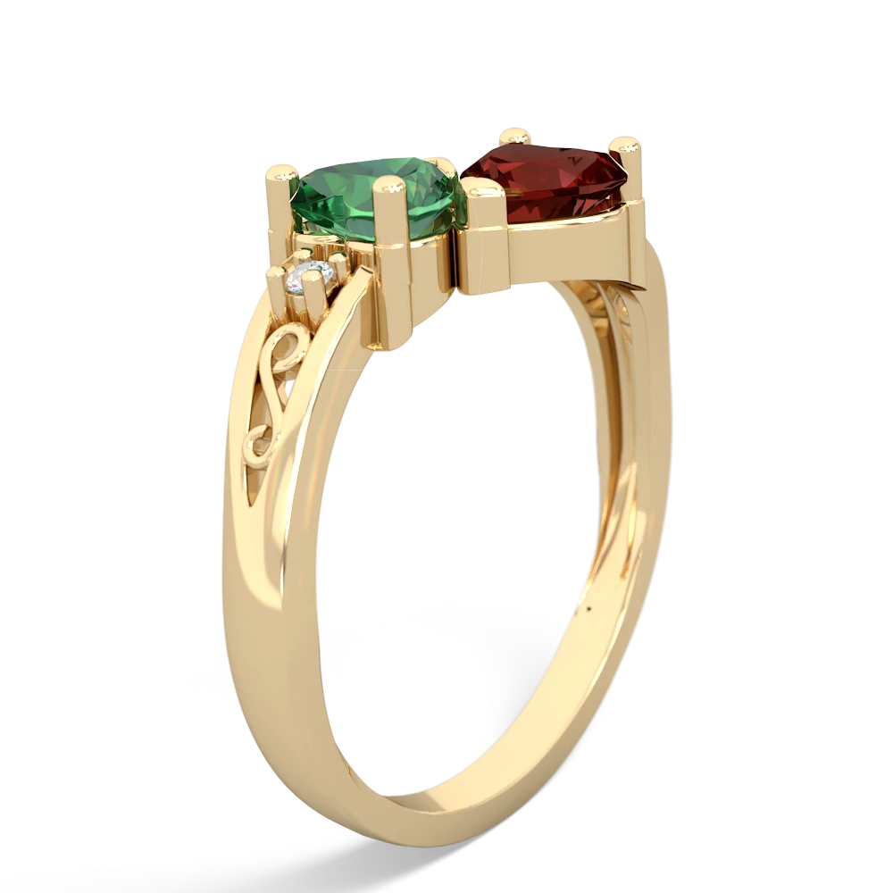 Lab Emerald Snuggling Hearts 14K Yellow Gold ring R2178