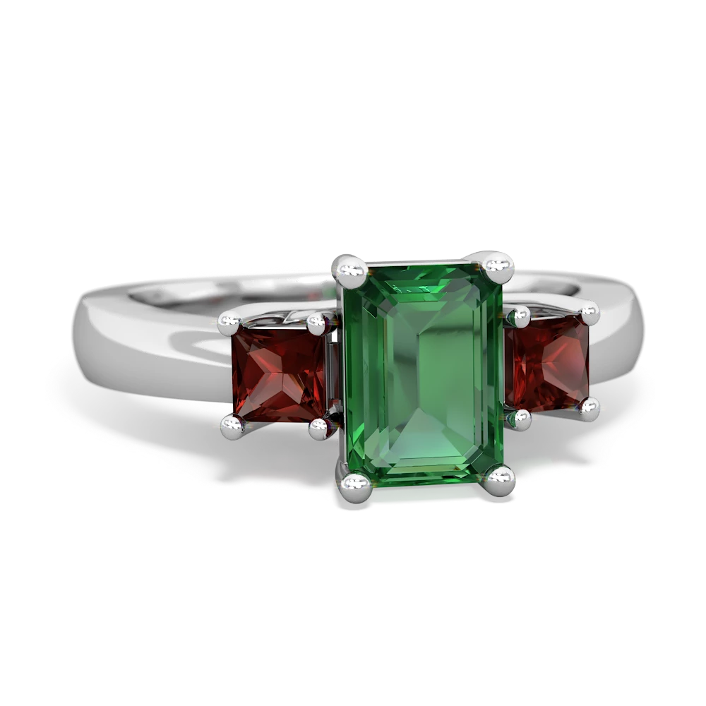 Lab Emerald Three Stone Emerald-Cut Trellis 14K White Gold ring R4021