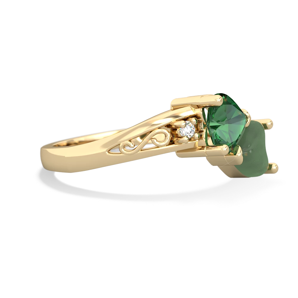 Lab Emerald Snuggling Hearts 14K Yellow Gold ring R2178