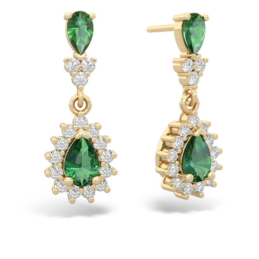 Lab Emerald Halo Pear Dangle 14K Yellow Gold earrings E1882