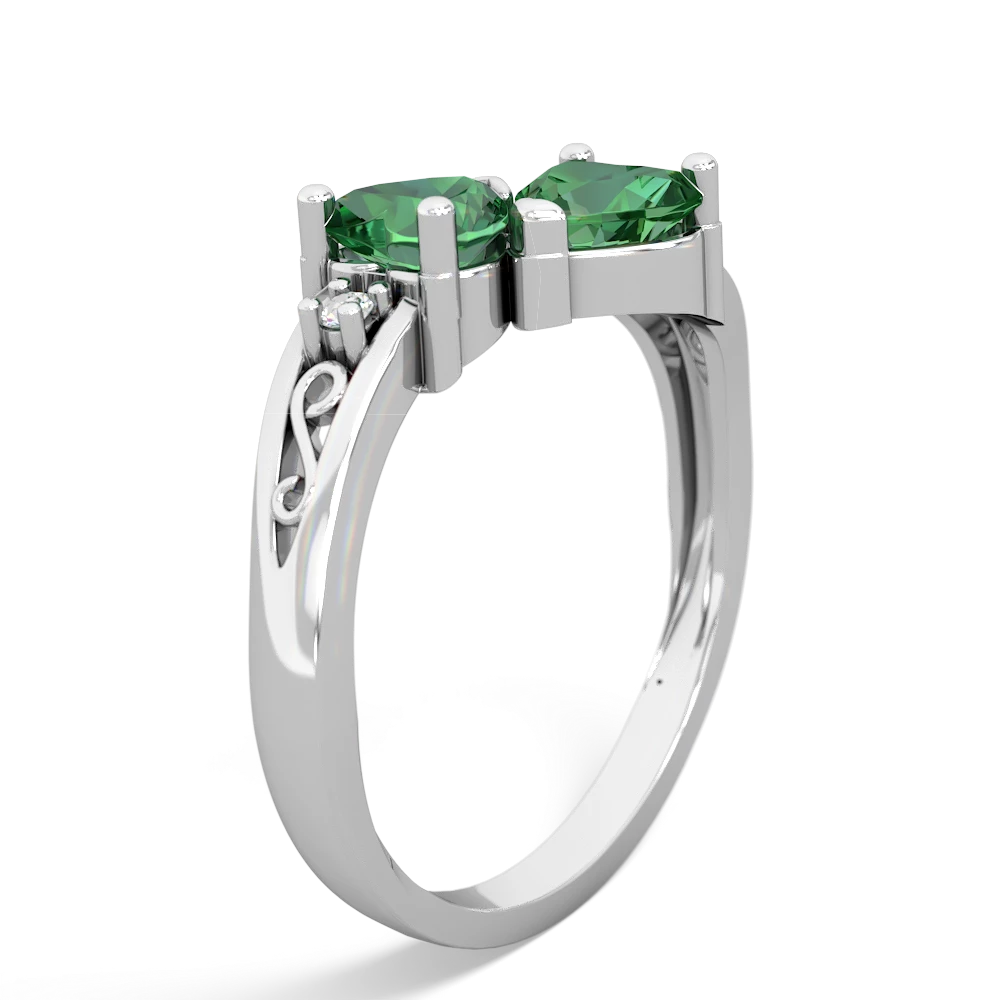 Lab Emerald Snuggling Hearts 14K White Gold ring R2178