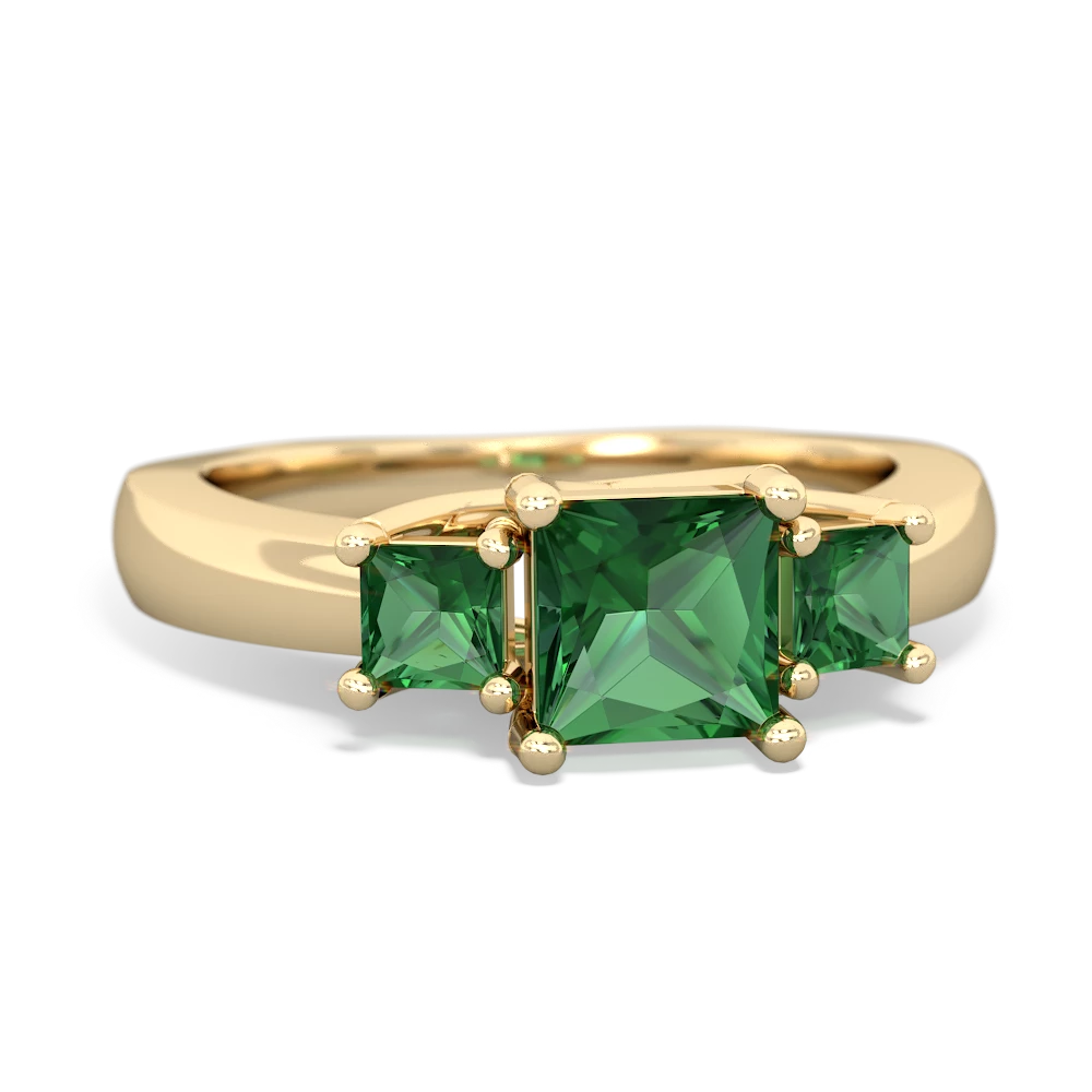 Lab Emerald Three Stone Trellis 14K Yellow Gold ring R4015