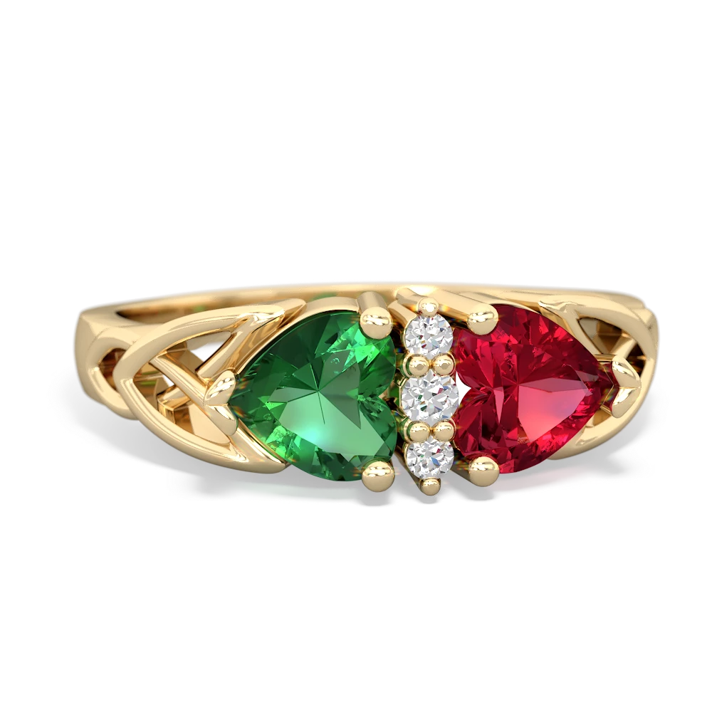 Lab Emerald Celtic Knot Double Heart 14K Yellow Gold ring R5040