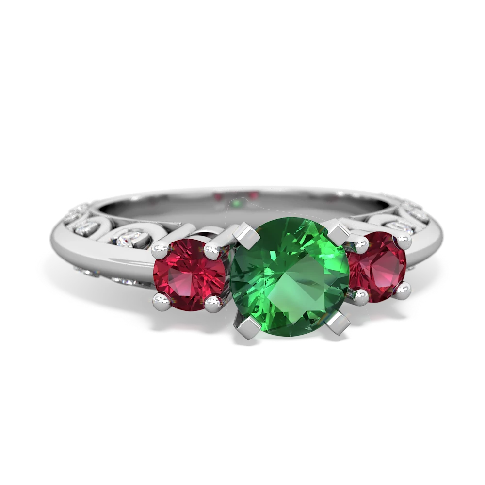 Lab Emerald Art Deco Eternal Embrace Engagement 14K White Gold ring C2003