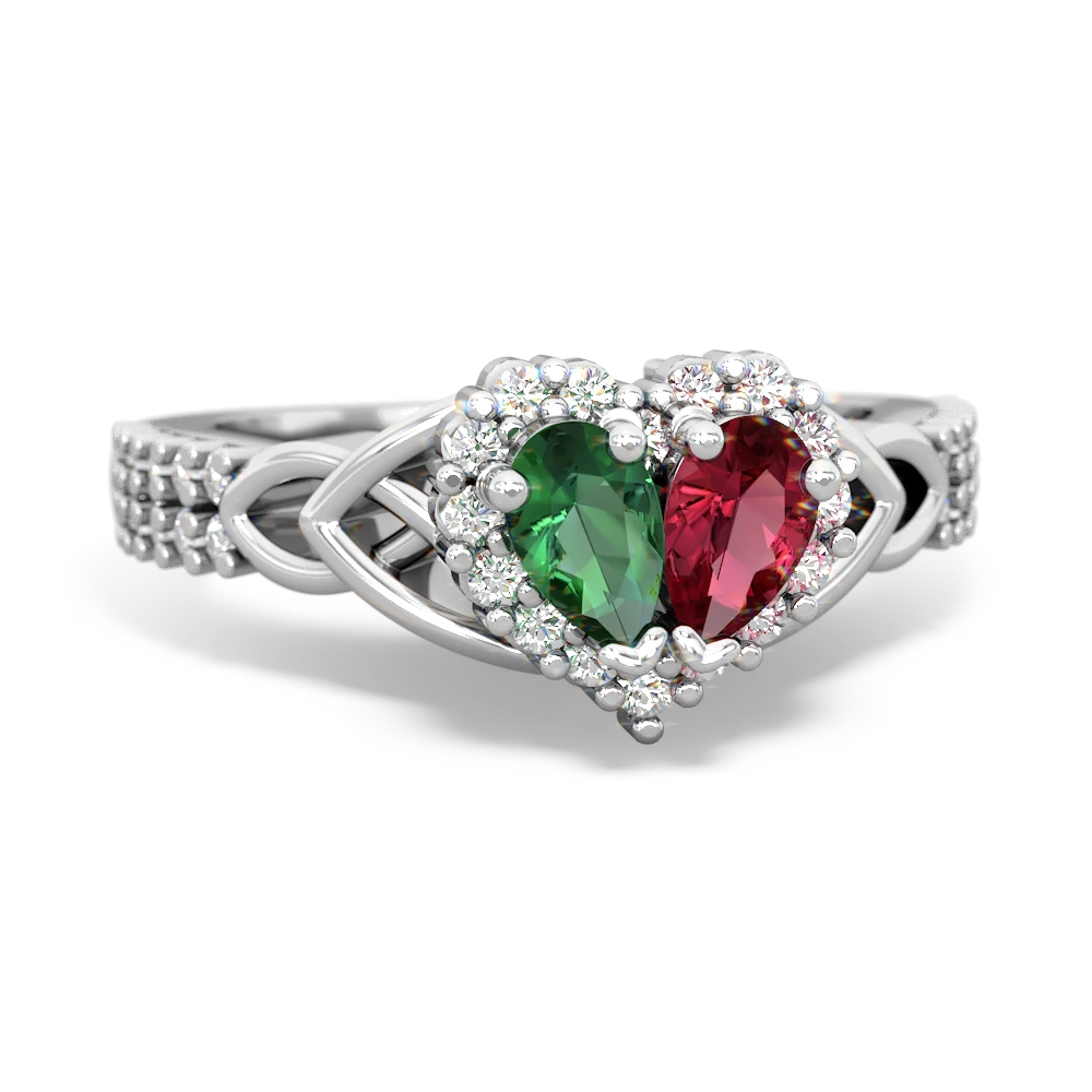 Lab Emerald Celtic Knot Two Hearts As One 14K White Gold ring R2644HRT