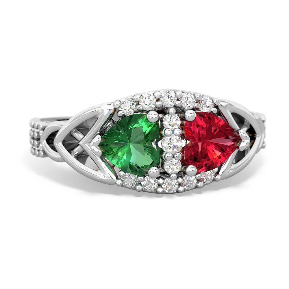 Lab Emerald Sparkling Celtic Knot 14K White Gold ring R2645