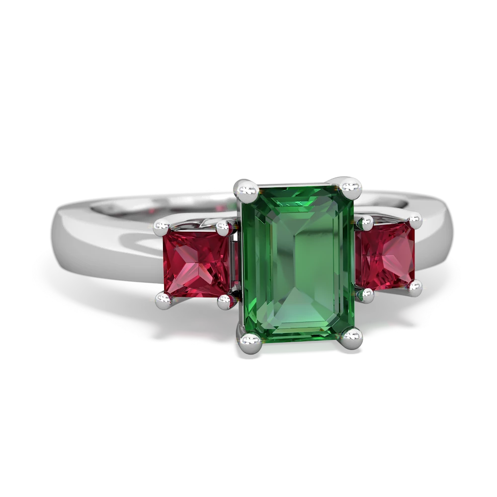 Lab Emerald Three Stone Emerald-Cut Trellis 14K White Gold ring R4021