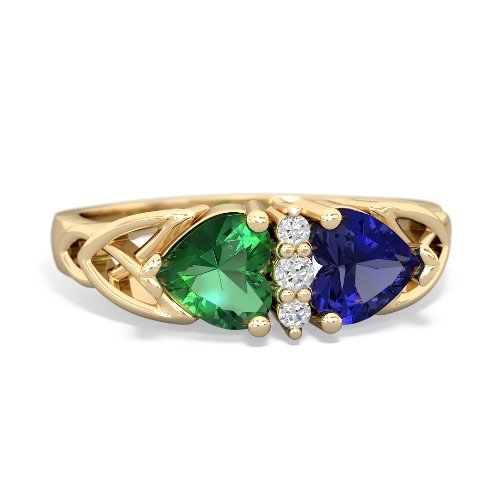 Lab Emerald Celtic Knot Double Heart 14K Yellow Gold ring R5040