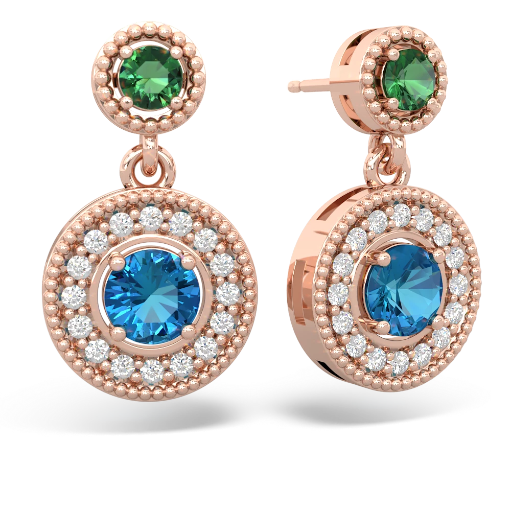 Lab Emerald Halo Dangle 14K Rose Gold earrings E5319