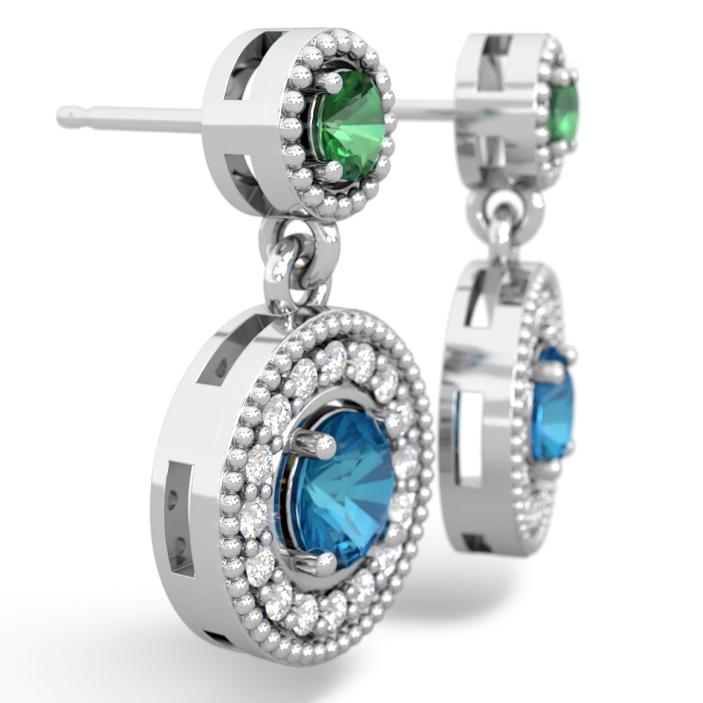 Lab Emerald Halo Dangle 14K White Gold earrings E5319