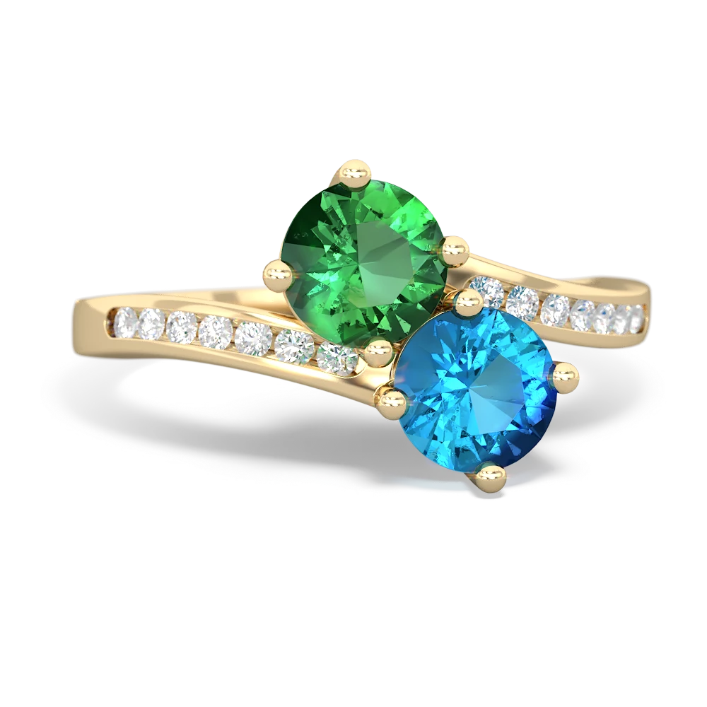 Lab Emerald Channel Set Two Stone 14K Yellow Gold ring R5303